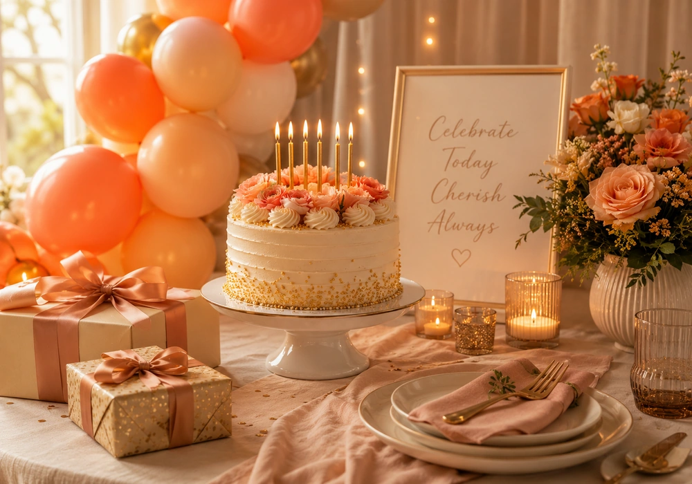 Birthday milestone website category image with cake and balloons